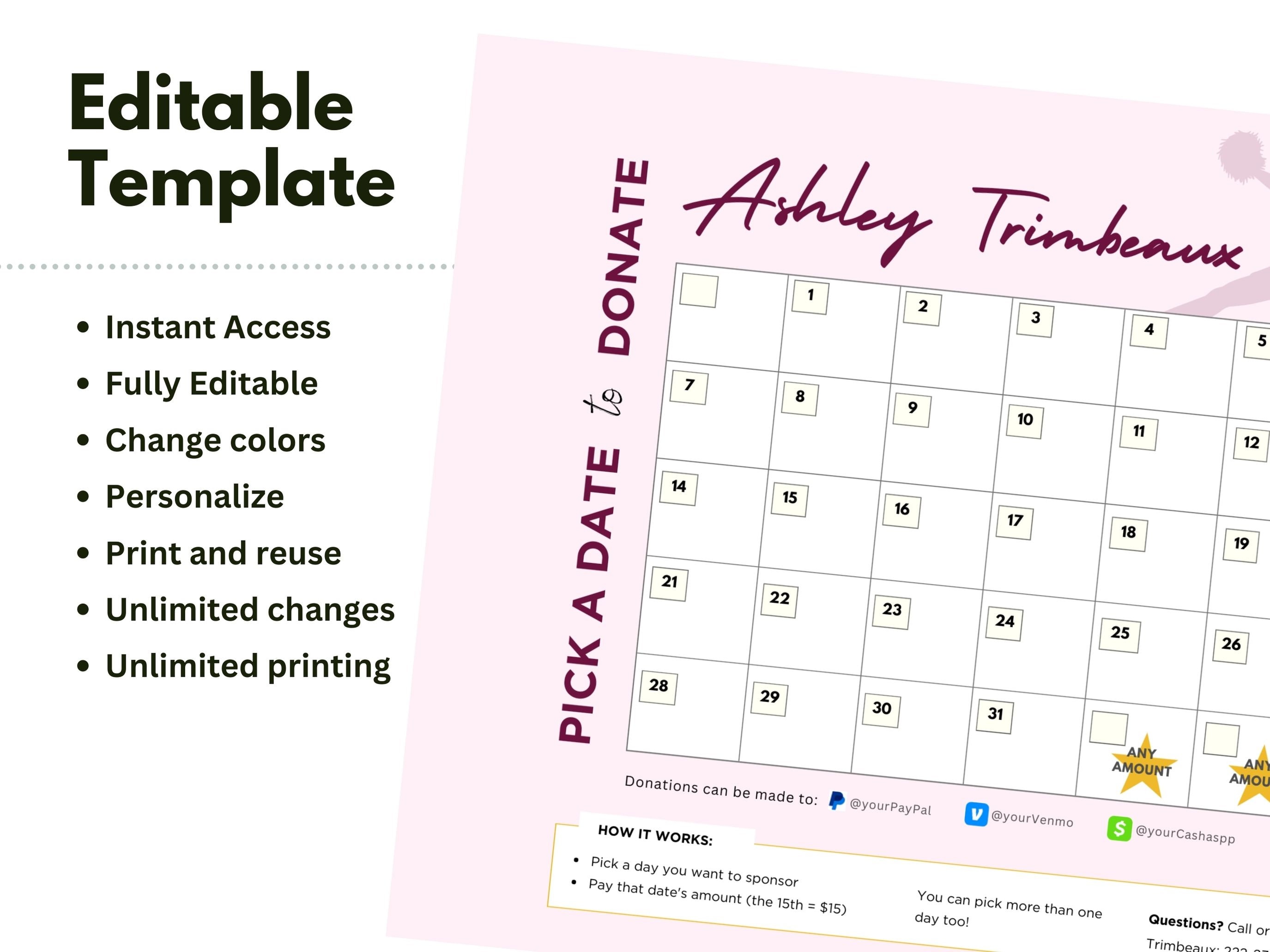 Editable Cheer Pick a Date Calendar Fundraiser Template, Pick a Date to