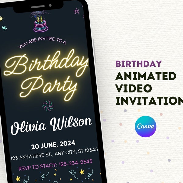 Animated Birthday Party E Invite Neon Party Invitation Template ...