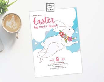 Easter Egg Hunt Brunch Invitation Bunny Easter Party Invite Rabbit Floral Spring Pastel Bunny Editable Printable Download