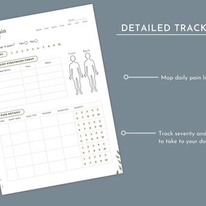 May include: A white Daily Pain Tracker sheet with black text and lines. It includes sections for date, pain severity, relief strategies, and a body diagram for front and back pain mapping. The layout features tables for pain details and severity scales.