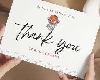Redigerbart tackkort för tränare, basketgåva, säsongsslut, Canva-mall, utskrivbar tackkort för lagets mamma