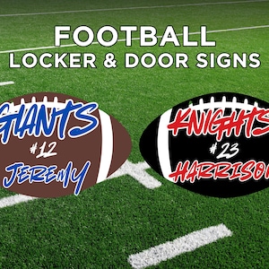 May include: Two oval-shaped football-themed signs. The left sign is brown with blue text reading GIANTS, #12, and JEREMY. The right sign is black with red text reading KNIGHTS, #23, and HARRISON. Both feature white laces and stripes.
