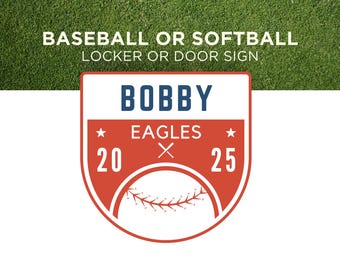 Letrero de puerta de casillero de béisbol editable, plantilla de Canva, etiqueta con nombre y decoración de casillero de sóftbol. Letrero de torneo recortable imprimible para mamá.