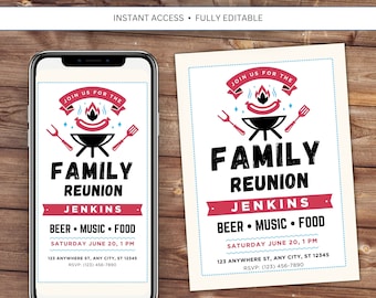 Editable Family Reunion Invitation Family Invite Cookout Evite Printable BBQ Backyard