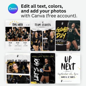 May include: A digital template set for social media featuring volleyball graphics. The layout includes text like THIS WEEK, TEAM LEADERS, GAME DAY, PLAYER OF THE WEEK, LET'S GO, and UP NEXT, alongside photos of athletes in black and gold uniforms.