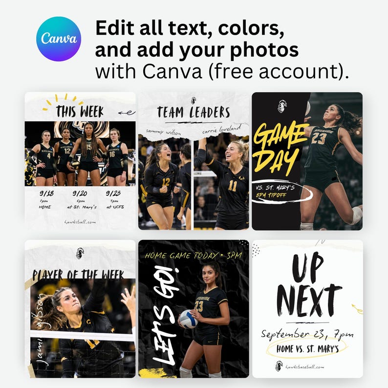 May include: A digital template set for social media featuring volleyball graphics. The layout includes text like THIS WEEK, TEAM LEADERS, GAME DAY, PLAYER OF THE WEEK, LET'S GO, and UP NEXT, alongside photos of athletes in black and gold uniforms.