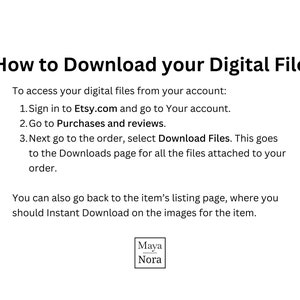 May include: An instructional graphic with black text on a white background titled How to Download your Digital File. It outlines three steps to access files via Etsy.com, mentions the listing page for Instant Download, and includes the brand name Maya Nora.
