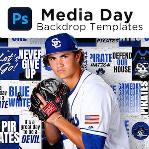 May include: A baseball player in a white and blue uniform, holding a black and red baseball glove. The background features a collage of blue and white graphics with text that reads "Media Day Backdrop Templates", "Pirates", and "Never Give Up".