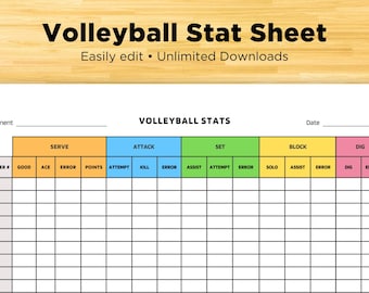 May include: A volleyball stat sheet with the title "Volleyball Stat Sheet" in bold black letters. The sheet includes sections for serve, attack, set, block, and dig statistics. The text "Easily edit • Unlimited Downloads" is also present.