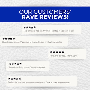 May include: A graphic display titled OUR CUSTOMERS' RAVE REVIEWS! featuring five white rectangular boxes, each containing five black stars and customer feedback text. The text includes comments about editing, customizing, printing, and downloading templates.