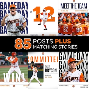 May include: A collage of baseball graphics featuring players in orange and white uniforms. The text includes "GAMEDAY," "MEET THE TEAM," and "85 POSTS PLUS MATCHING STORIES." Player names and team logos are also visible.