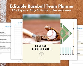 May include: An editable baseball team planner with over 20 pages. The image features a baseball, glove, and bat on a baseball field. The planner includes sections for team goals, individual goals, and a field diagram. Text on the image reads "Baseball Team Planner."