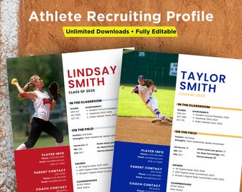 Plantilla de perfil deportivo, currículum de reclutamiento de sóftbol, plantilla de Canva editable para universidad, plantilla de atleta, campamentos, viajes, jugador de béisbol