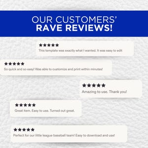 Peut inclure: Un affichage graphique intitul&eacute; OUR CUSTOMERS' RAVE REVIEWS! pr&eacute;sentant cinq encadr&eacute;s blancs rectangulaires, chacun contenant cinq &eacute;toiles noires et des avis clients. Le texte inclut des commentaires sur l'&eacute;dition, la personnalisation et l'impression.