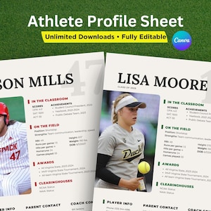 Sports Profile Sheet Template Athlete Profile Sheet Resume College Recruiting Softball Baseball Soccer,All Sports Editable Canva Template