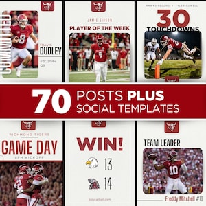 May include: A collection of 70 social media templates for American football featuring various layouts with red and white color schemes. The designs include text such as COMMITTED, PLAYER OF THE WEEK, 30 TOUCHDOWNS, GAME DAY, WIN, and TEAM LEADER, alongside action photos of players in red uniforms.
