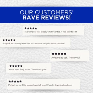 May include: A graphic display featuring the text OUR CUSTOMERS' RAVE REVIEWS! in white on a blue banner. Below are five white rectangular boxes, each containing five black stars and customer feedback text regarding a template's ease of use.