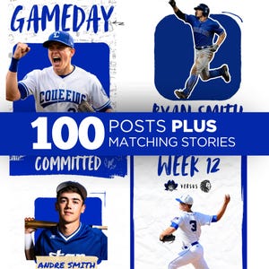 May include: A collage of baseball images in blue and white. The top left shows a player celebrating, and the top right shows a player running. The bottom images feature players and text that reads "100 Posts Plus Matching Stories".
