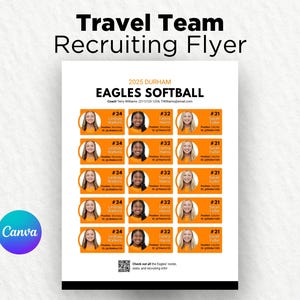 May include: A recruiting flyer for the 2025 Durham Eagles Softball team. The flyer features headshots of team members with their jersey numbers and names. The team name and "Travel Team Recruiting Flyer" are at the top.