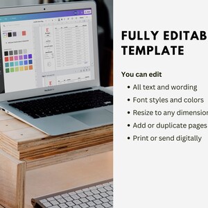 Peut inclure: Un ordinateur portable argent&eacute; affichant un mod&egrave;le de document num&eacute;rique sur un support en bois avec un clavier blanc au premier plan. Le texte &agrave; droite indique FULLY EDITABLE TEMPLATE, You can edit, All text and wording, Font styles and colors, Resize to any dimension, Add or duplicate pages, Print or send digitally.