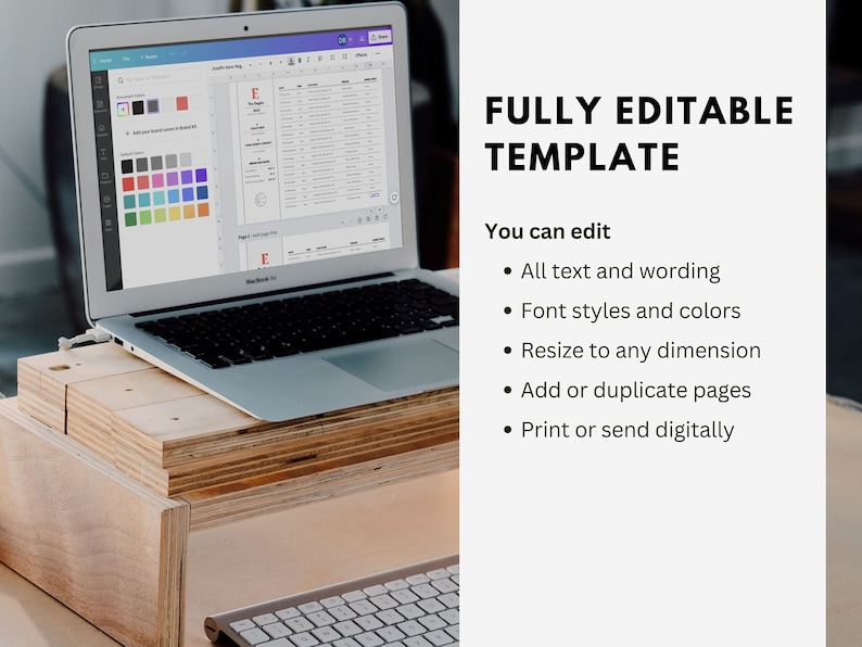 Peut inclure: Un ordinateur portable argent&eacute; affichant un mod&egrave;le de document num&eacute;rique sur un support en bois avec un clavier blanc au premier plan. Le texte &agrave; droite indique FULLY EDITABLE TEMPLATE, You can edit, All text and wording, Font styles and colors, Resize to any dimension, Add or duplicate pages, Print or send digitally.