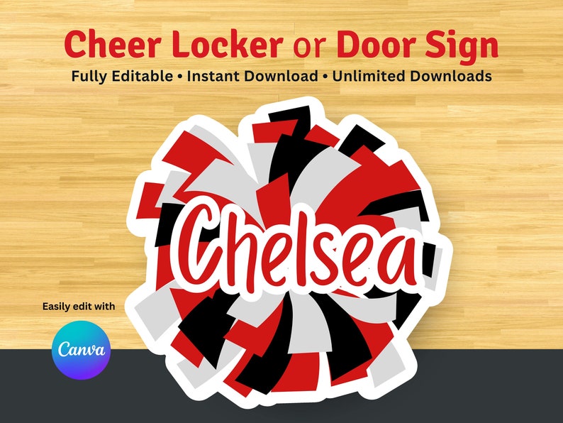 A red, white, and black cheer pom pom with the word 'Chelsea' in red cursive text. The templates are 'Fully Editable and you can Easily edit with Canva.