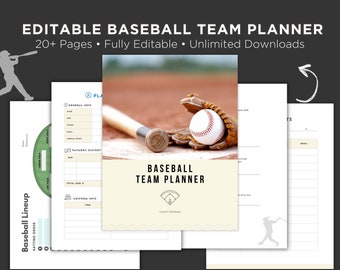May include: An editable baseball team planner featuring multiple pages with fields for general info, payment history, uniform info, and a baseball lineup diagram. The cover displays a baseball, glove, and bat on a field with the text Baseball Team Planner.