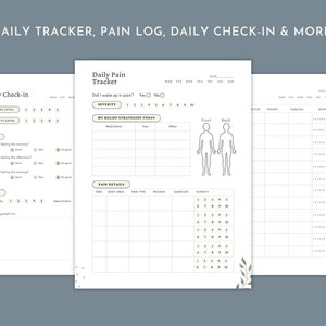 May include: A set of three white printable planner pages featuring black text and line art. The pages include a Daily Check-in, a Daily Pain Tracker with a body diagram, and a detailed log for tracking pain type, triggers, duration, and severity.