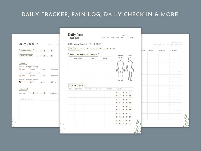 May include: A set of three white printable planner pages featuring black text and line art. The pages include a Daily Check-in, a Daily Pain Tracker with a body diagram, and a detailed log for tracking pain type, triggers, duration, and severity.