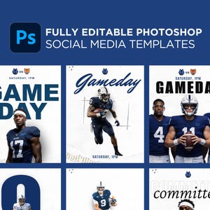 Puede incluir: Una colección de plantillas para redes sociales en Photoshop totalmente editables que muestran jugadores de fútbol americano con uniformes azul oscuro. Los diseños incluyen texto en negrita como Gameday y committed, con fondos blancos y acentos azules.