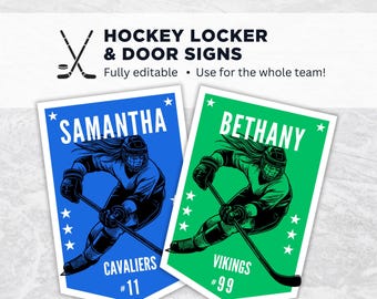 Pode incluir: Duas placas retangulares para armários e portas de hóquei com o texto HOCKEY LOCKER & DOOR SIGNS. Uma placa é azul com o nome SAMANTHA, a equipe CAVALIERS e o número 11. A outra é verde com o nome BETHANY, a equipe VIKINGS e o número 99.