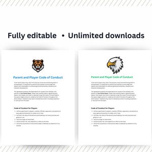 K&ouml;nnte beinhalten: Zwei druckbare Dokumente mit einem Tiger- und einem Adlerlogo. Die Dokumente tragen den Titel "Eltern- und Spieler-Verhaltenskodex" und beinhalten einen Abschnitt "Verhaltenskodex f&uuml;r Spieler".