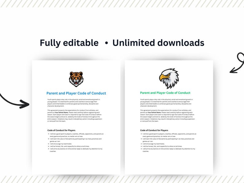 K&ouml;nnte beinhalten: Zwei druckbare Dokumente mit einem Tiger- und einem Adlerlogo. Die Dokumente tragen den Titel "Eltern- und Spieler-Verhaltenskodex" und beinhalten einen Abschnitt "Verhaltenskodex f&uuml;r Spieler".