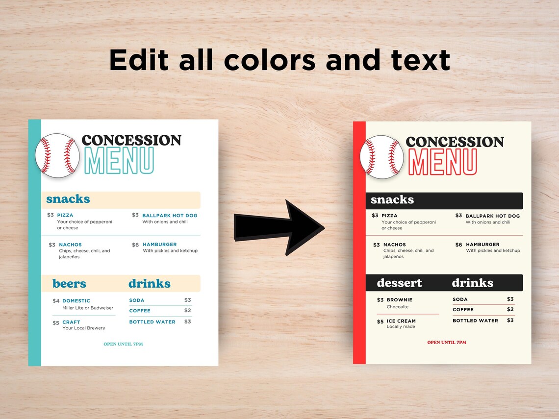 Editable Baseball Concession Stand Menu Softball Digital Instant ...