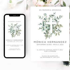 Plantilla de invitación para funeral en español, plantilla editable de Canva, En memoria, memoria católica (digital)