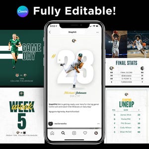 May include: A smartphone displaying a collection of editable sports-themed social media templates. The screen shows various designs including game day announcements, player profiles with the number 23, final stats, and starting lineups.