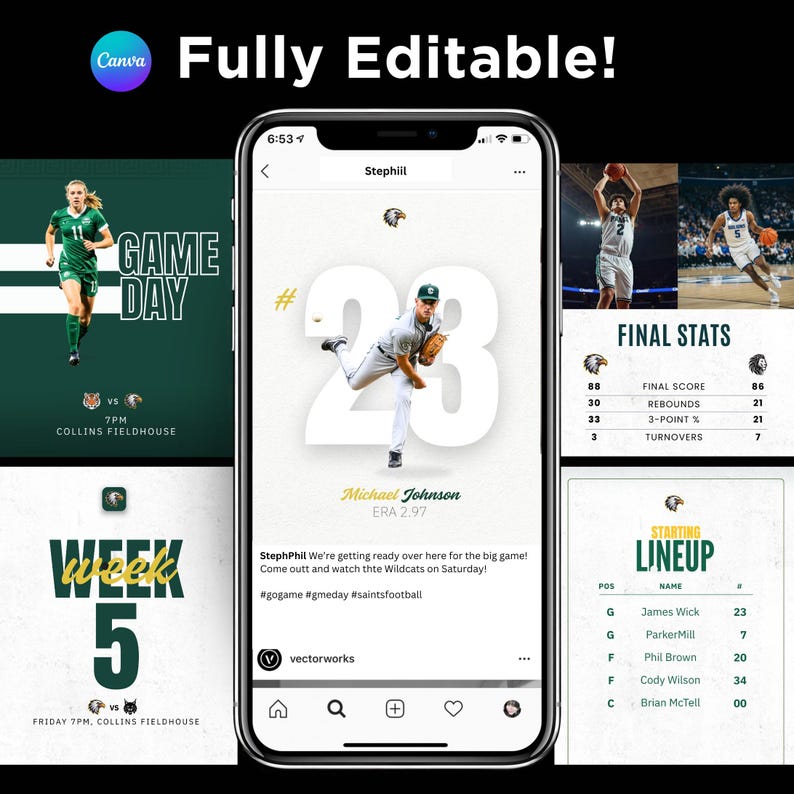 May include: A smartphone displaying a collection of editable sports-themed social media templates. The screen shows various designs including game day announcements, player profiles with the number 23, final stats, and starting lineups.