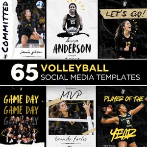 May include: A collection of 65 volleyball social media templates featuring black, white, and yellow graphic designs. The layouts include action shots of athletes in black uniforms, bold typography with text like COMMITTED, LET'S GO, GAME DAY, MVP, and PLAYER OF THE YEAR.