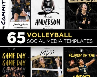 May include: A collection of 65 volleyball social media templates featuring black, white, and yellow graphic designs. The layouts include action shots of athletes in black uniforms, bold typography with text like COMMITTED, LET'S GO, GAME DAY, MVP, and PLAYER OF THE YEAR.