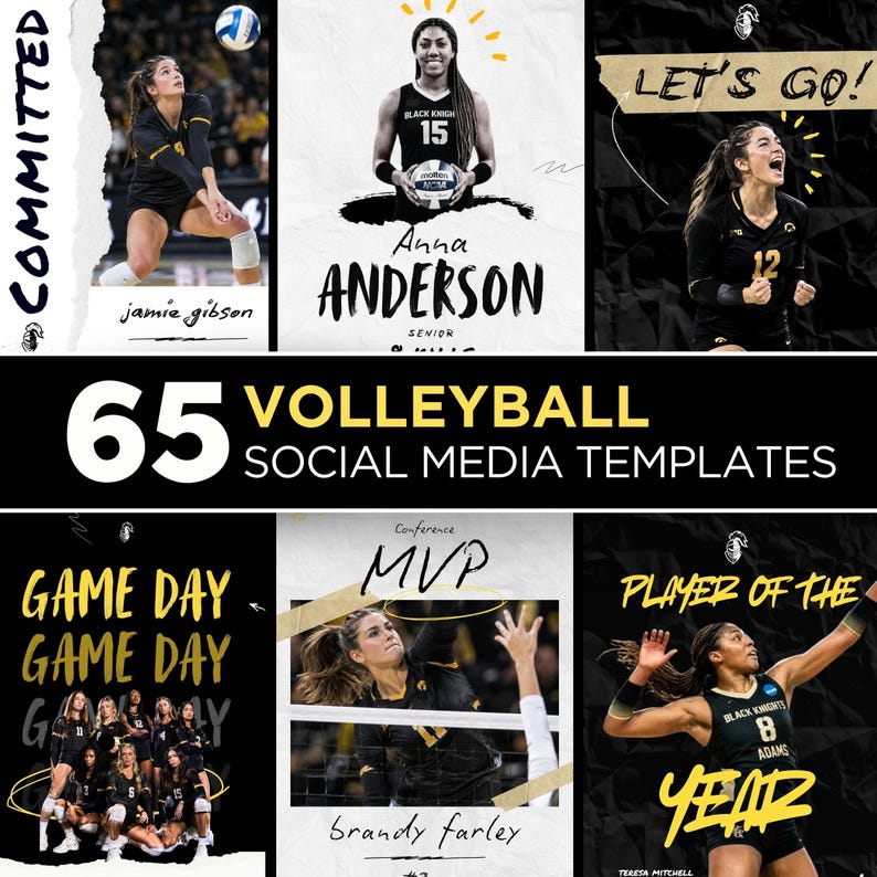 May include: A collection of 65 volleyball social media templates featuring black, white, and yellow graphic designs. The layouts include action shots of athletes in black uniforms, bold typography with text like COMMITTED, LET'S GO, GAME DAY, MVP, and PLAYER OF THE YEAR.