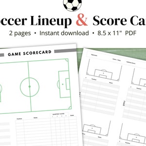 Formazione di calcio e tabellino dei punteggi e posizioni dei giocatori stampabili per la formazione della squadra di Soccer Mom, download immediato, tracker delle sostituzioni Coach Rec