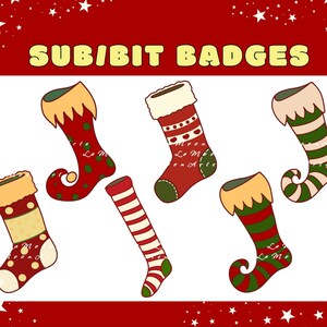 Könnte beinhalten: Sechs Weihnachtsstrumpf-Designs mit Elfenmützen und verschiedenen Mustern in Rot, Grün, Weiß und Gelb. Der Text "SUB/BIT BADGES" befindet sich oben im Bild.