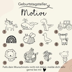 May include: A beige background displays twelve black and white illustrations of a unicorn, whale, dinosaur, tractor, rainbow, bee, duck, deer, lion, mermaid, flowers, and a teddy bear. The text "Geburtstagsteller Motive" is at the top, with additional text at the bottom.