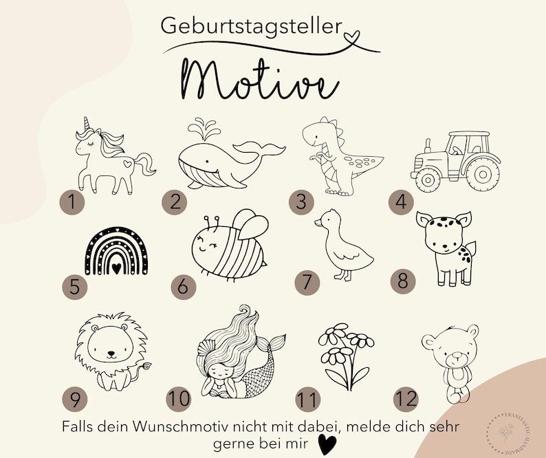 May include: A beige background displays twelve black and white illustrations of a unicorn, whale, dinosaur, tractor, rainbow, bee, duck, deer, lion, mermaid, flowers, and a teddy bear. The text "Geburtstagsteller Motive" is at the top, with additional text at the bottom.