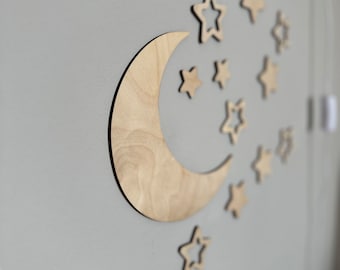 Stars and Moon - Children's room with stars | Wooden star decoration | Wooden moon | Wooden wall decoration for children's room | Wooden stars