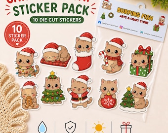Christmas Cat Stickers: Waterproof Holiday Hats, 12 pcs