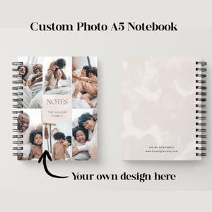 May include: A spiral-bound A5 notebook with a custom photo collage on the front cover. The collage features family photos. The back cover has a soft, abstract design and the text "THE WILSON FAMILY". The notebook is labeled "Custom Photo A5 Notebook".