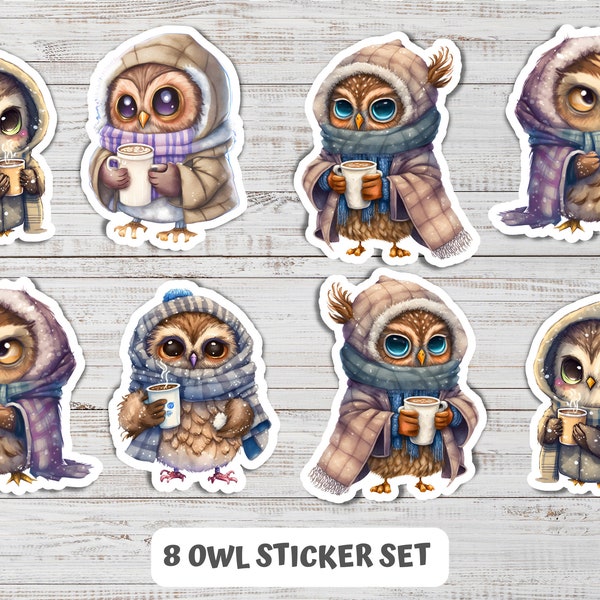 Owl Sticker Set, Winter Owl Sticker, Cute Owl Sticker Pack 8 pcs