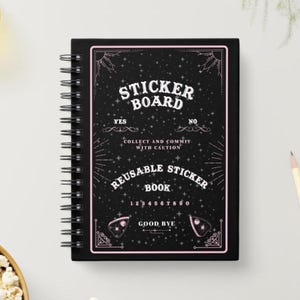 May include: Black spiral-bound sticker board with a pink border. The cover features the words "STICKER BOARD" and "REUSABLE STICKER BOOK" in white, along with the text "YES", "NO", and "GOOD BYE". The design includes stars and decorative elements.
