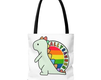 Ally Saurus Rainbow Dinosaur Tote Bag | Pride Dino Canvas Tote